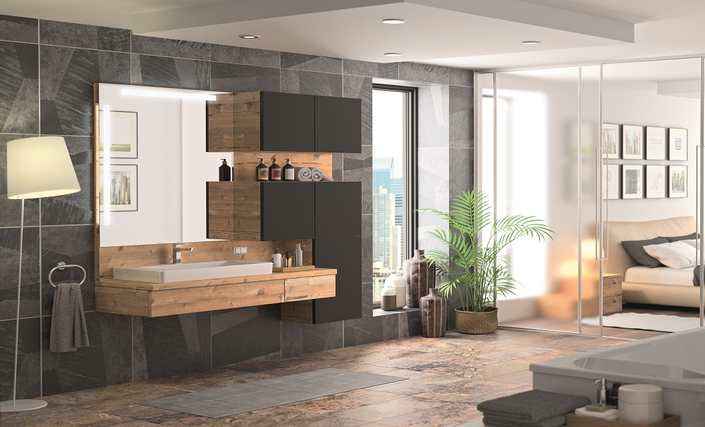 Moderner Badezimmer-Look mit raffinierten Details und Klarheit in Form und Farbe. Neudefinition von Stil und Anspruch durch neu gestaltete Nischen zwischen den Schränken für eine einzigartige Ästhetik, abstimmbar auf den individuellen Geschmack. Modell SILK Design 22 in Silberfichte und Black L030 AP. Gefertigt in feuchtigkeitsbeständiger 19mm-Plattenstärke mit verdeckten Aufhängungen und softgedämpften Komfort-Auszügen.